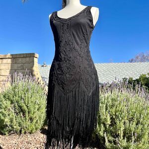 Babeyond Vintage 1920s Embroidery Retro Flapper Midi Fringe Black Size Small